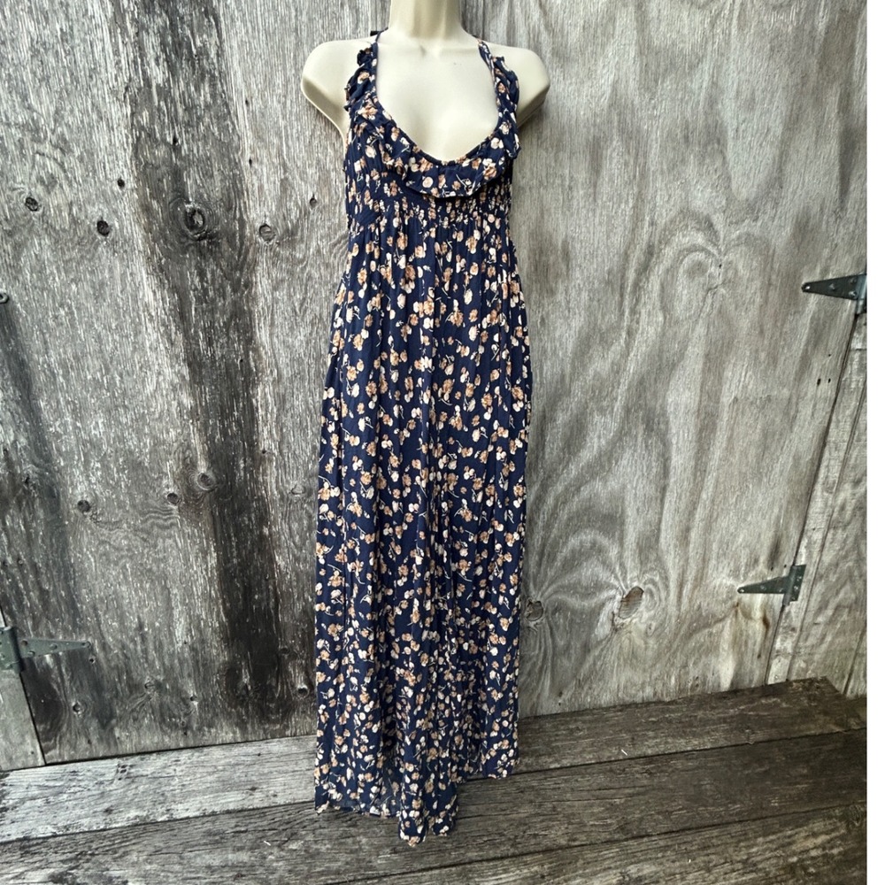 Natural Life Golden Eye Jumpsuit Navy Floral Women Large Wide Leg Boho Feminine